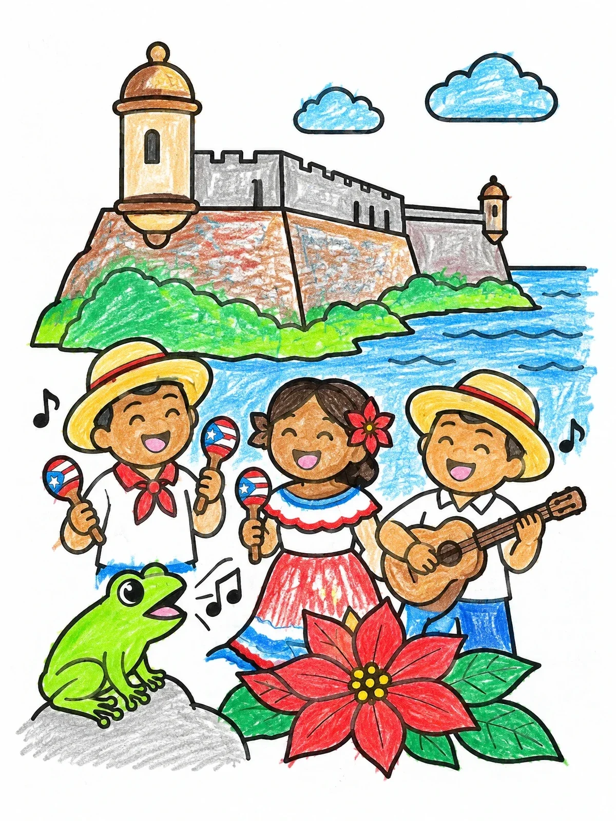 Colored example of the Puerto Rican Parranda At El Morro coloring page