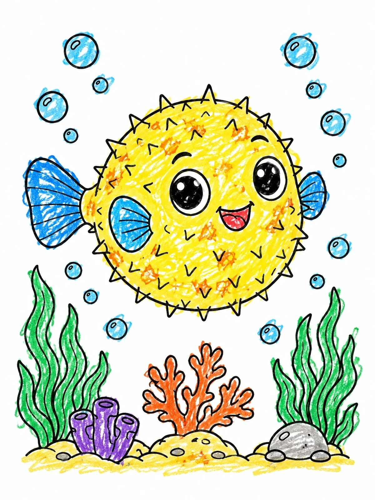 Colored example of the Cheerful Puffer Fish Underwater coloring page