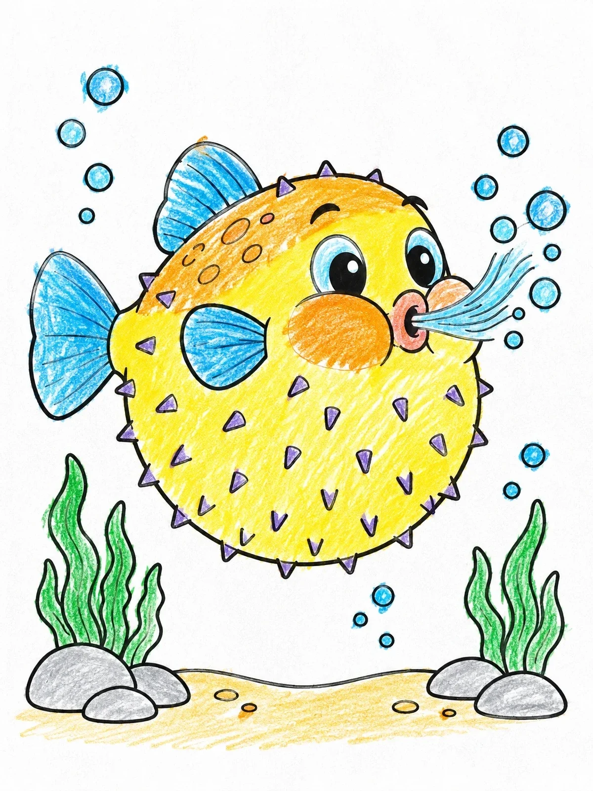 Colored example of the Cute Puffed Up Fish Blowing Bubbles coloring page