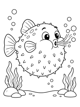 Free printable Cute Puffed Up Fish Blowing Bubbles coloring page