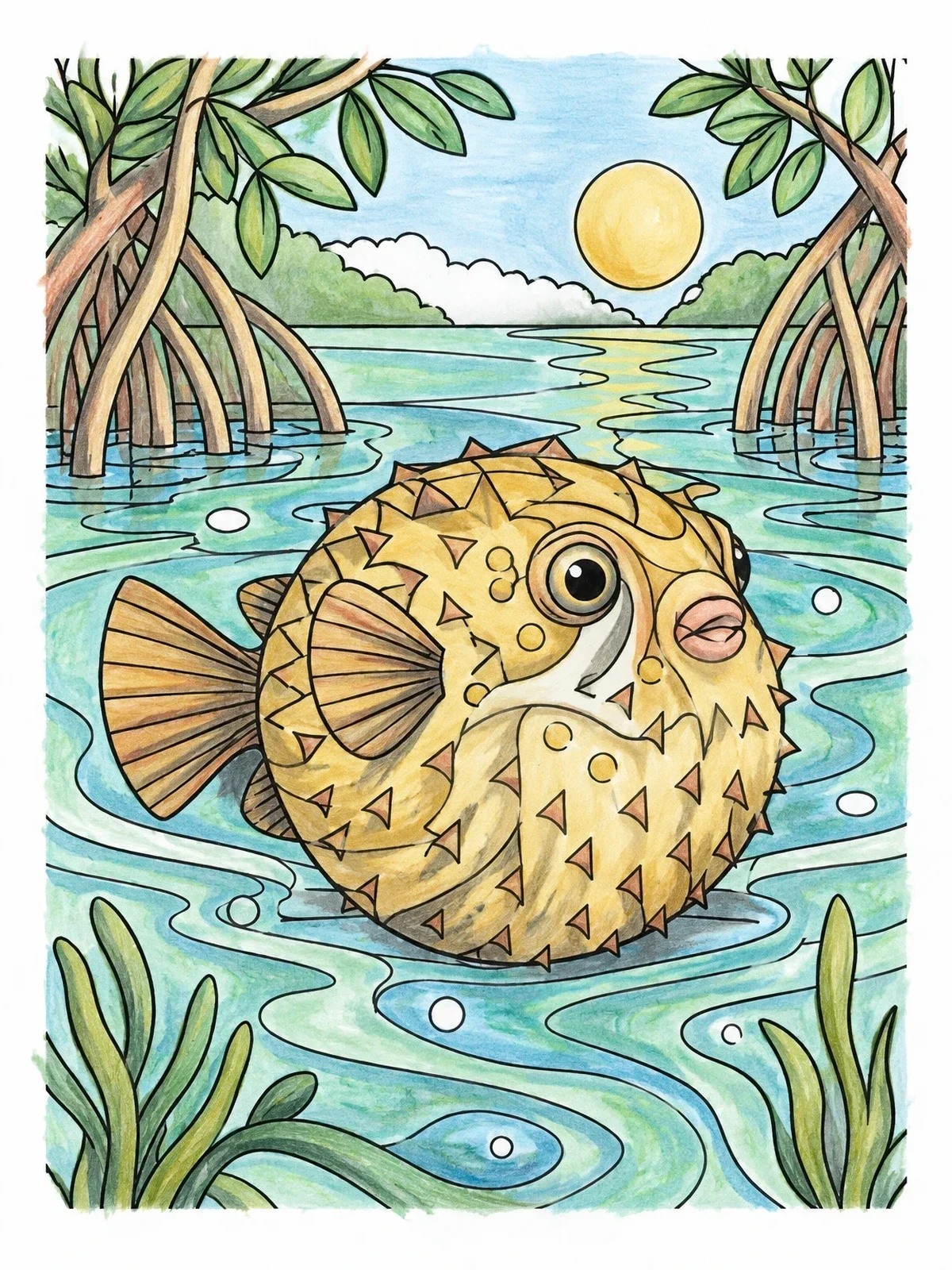 Colored example of the Pufferfish In Mangrove Waters coloring page