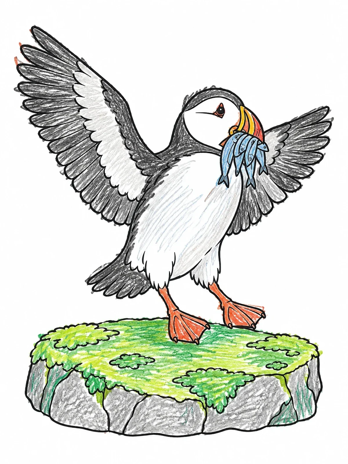 Colored example of the Puffin Landing On A Flat Rock coloring page