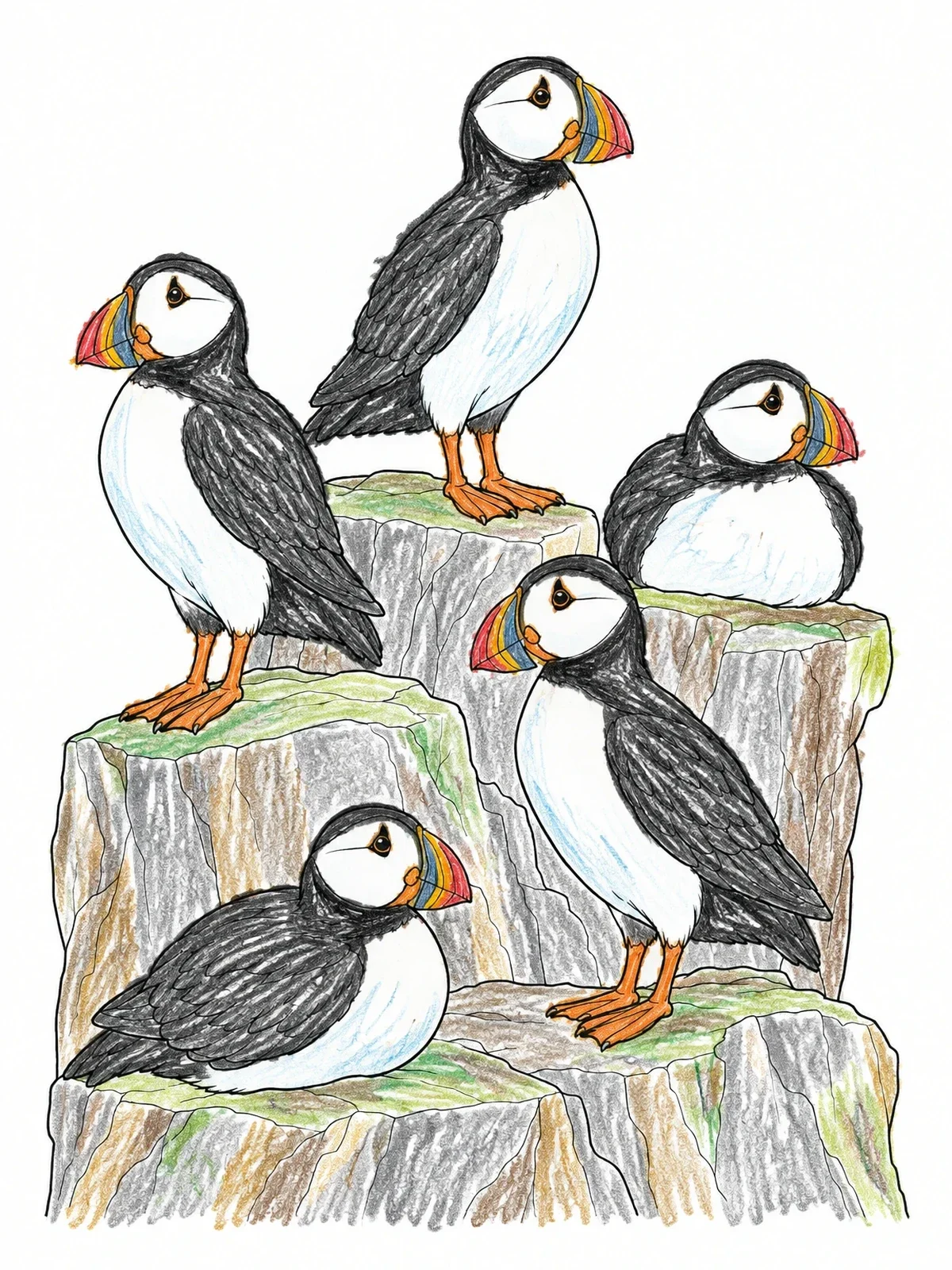 Colored example of the Puffins Resting On Coastal Cliff coloring page