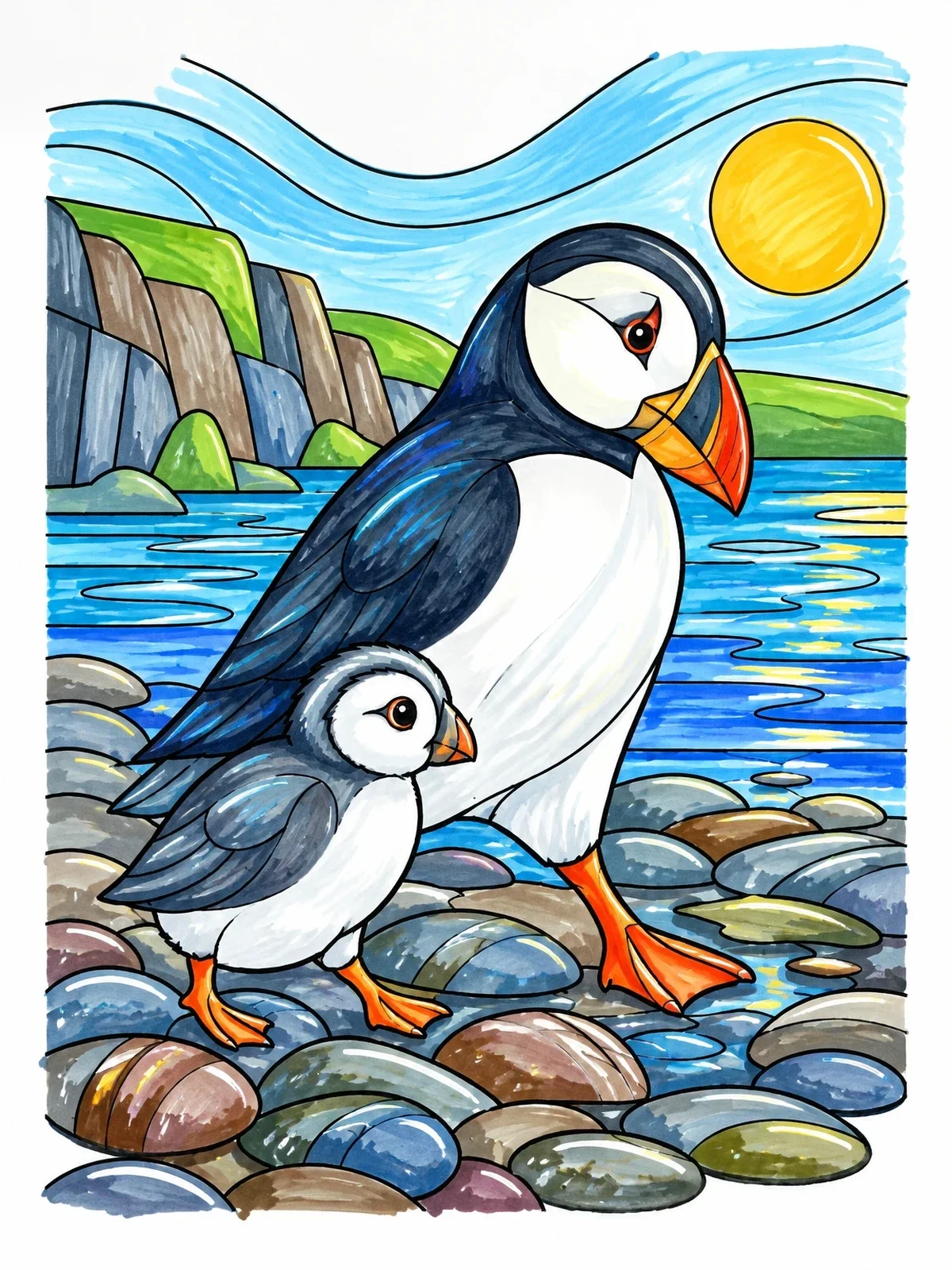 Colored example of the Puffins On A Pebble Beach coloring page