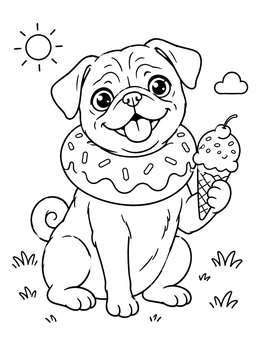 Free printable Happy Pug With Donut And Ice Cream coloring page