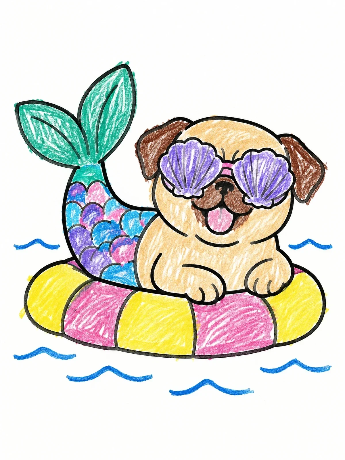 Colored example of the Pug Mermaid Floating In Swim Ring coloring page