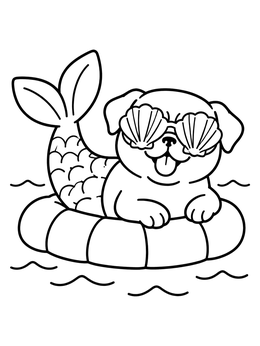 Free printable Pug Mermaid Floating In Swim Ring coloring page