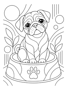 An adorable pug coloring page showing a puppy sitting inside a large dog food bowl.