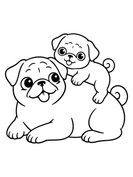A sweet pug coloring page featuring a tiny puppy resting on its mother's back.