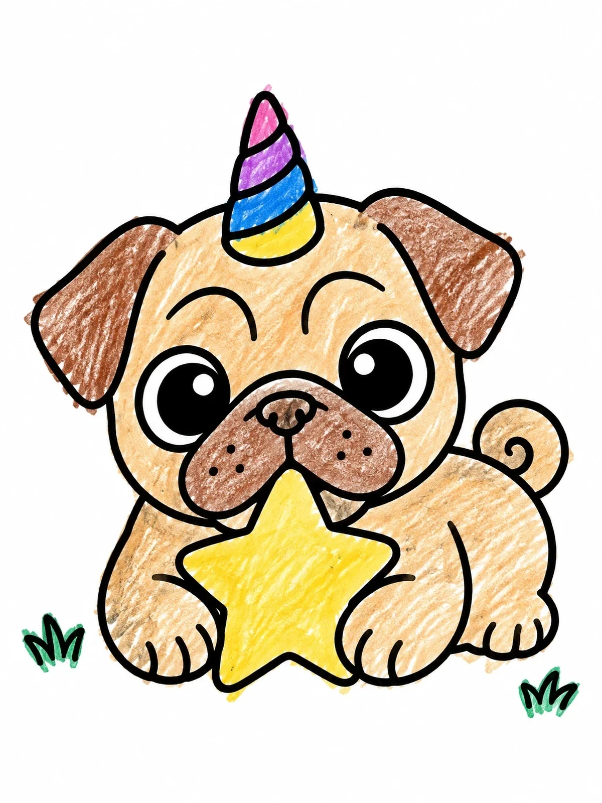 Colored example of the Cute Pug Puppy Unicorn With Toy coloring page