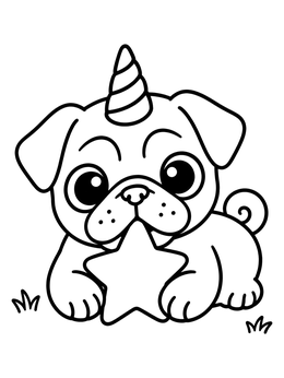 Free printable Cute Pug Puppy Unicorn With Toy coloring page