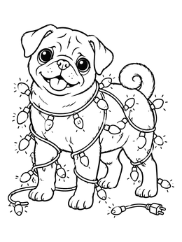A cheerful pug coloring page featuring a puppy tangled in glowing holiday fairy lights.