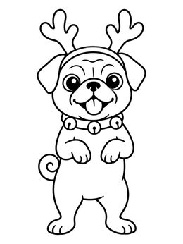 A cute pug coloring page showing a standing dog wearing reindeer antlers and a jingle bell collar.