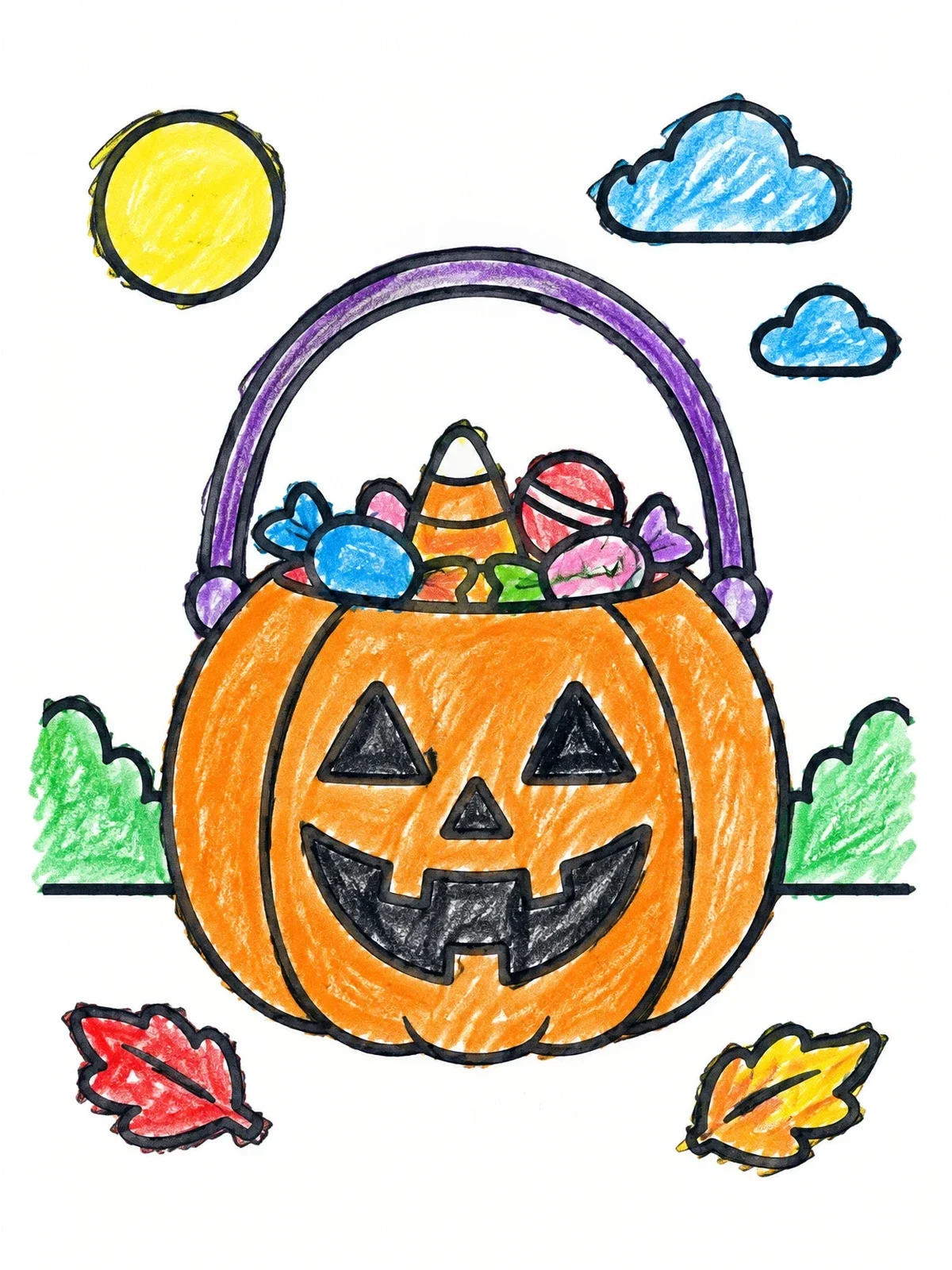 Colored example of the Pumpkin Bucket Filled With Candy coloring page