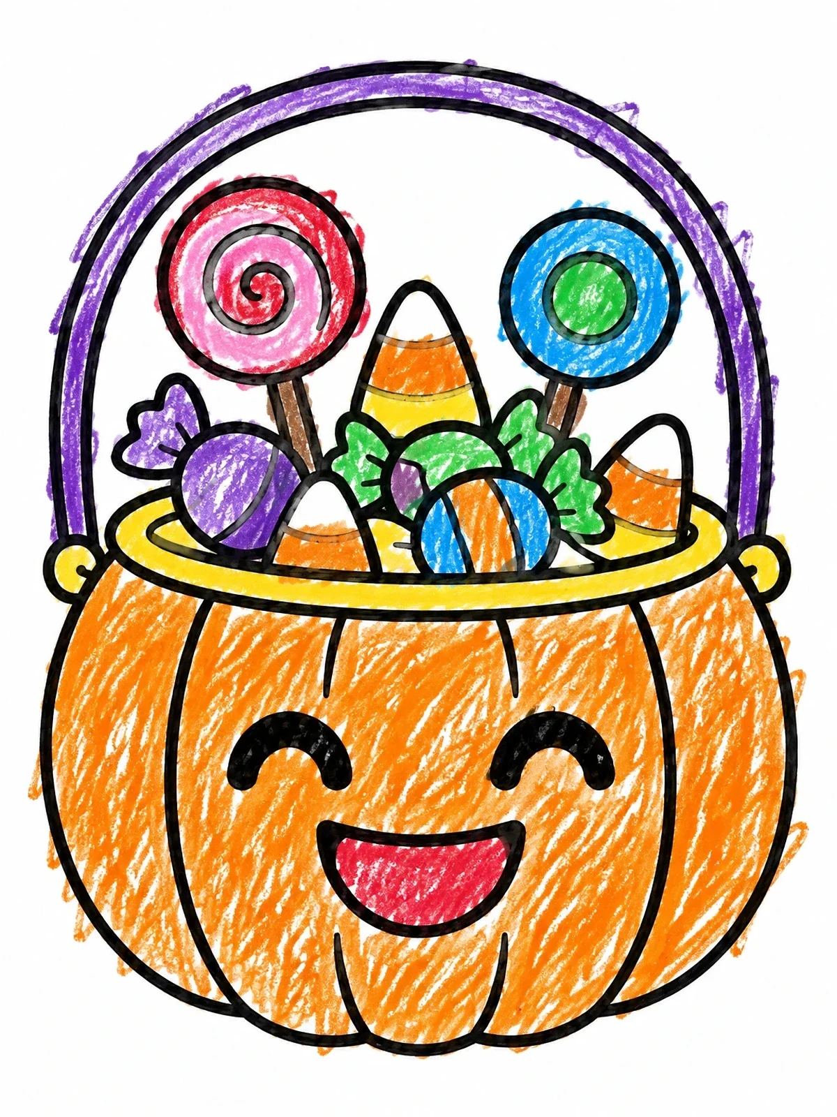 Colored example of the Cute Pumpkin Bucket With Sweets coloring page