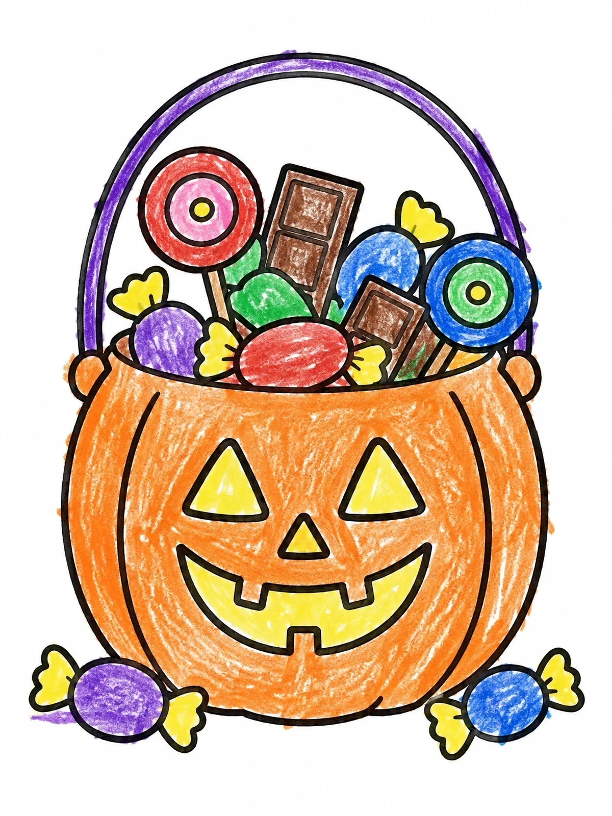 Colored example of the Pumpkin Bucket Filled With Sweet Treats coloring page