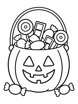 Free printable Pumpkin Bucket Filled With Sweet Treats coloring page