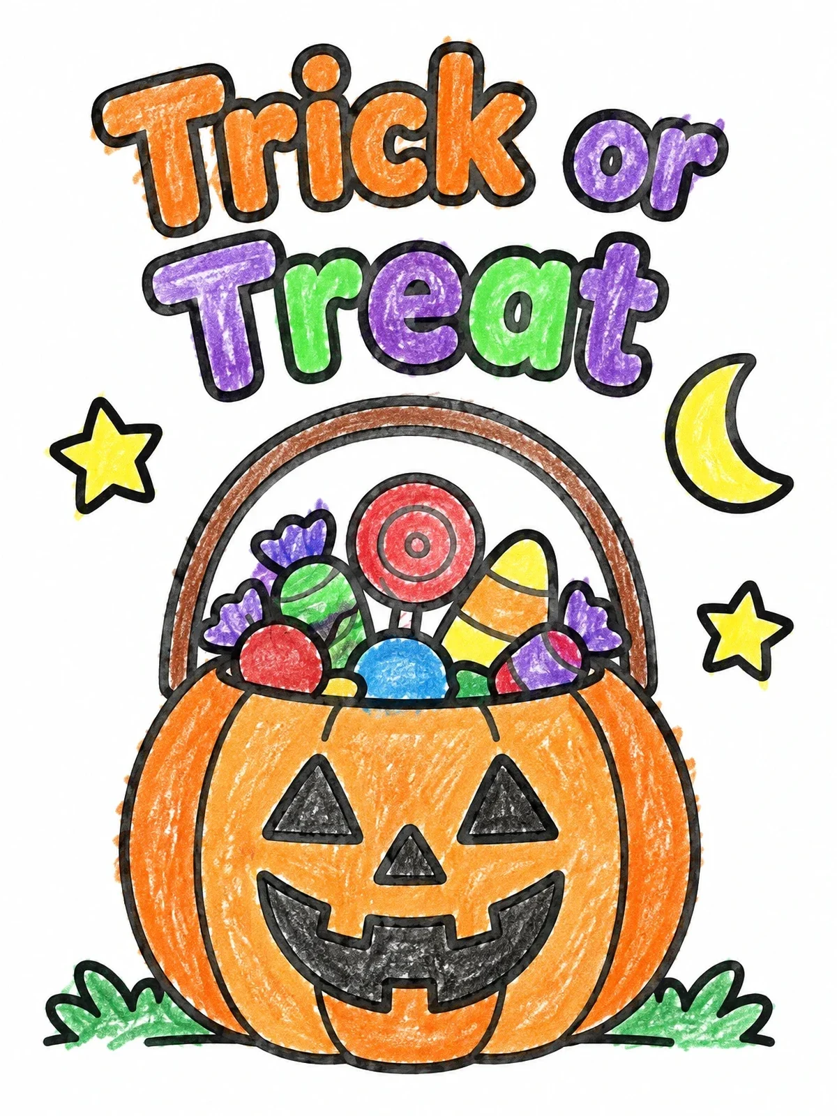 Colored example of the Pumpkin Candy Bucket With Treats coloring page
