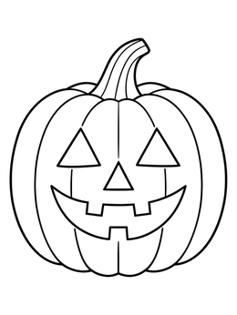 A classic carved pumpkin coloring page with a cheerful smiling face and triangular eyes.