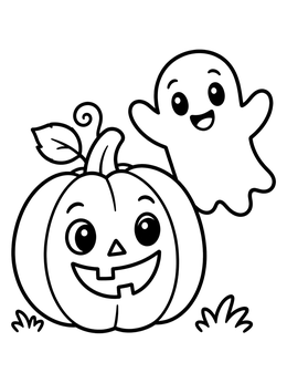 A cheerful ghost hovers next to a smiling pumpkin coloring page.
