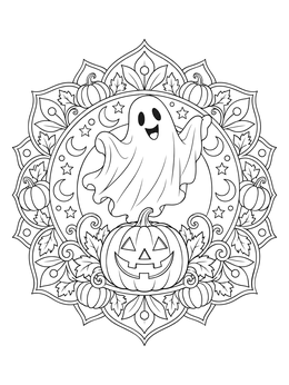 A friendly ghost floats over a jack-o'-lantern in this detailed pumpkin coloring page mandala.