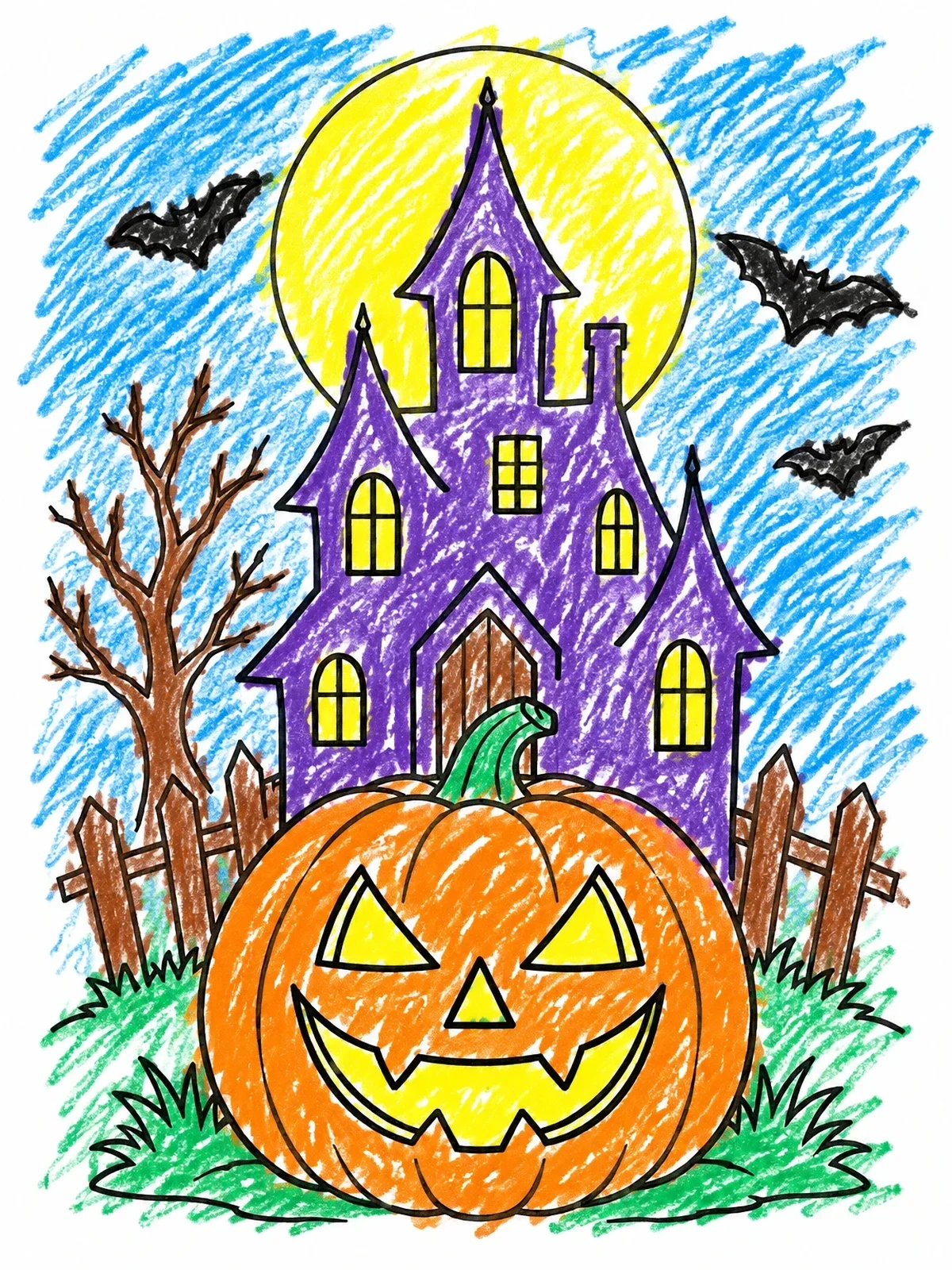 Colored example of the Jack O' Lantern In Front Of Haunted House coloring page