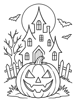 A pumpkin coloring page with a grinning jack-o'-lantern before a spooky haunted house and full moon.