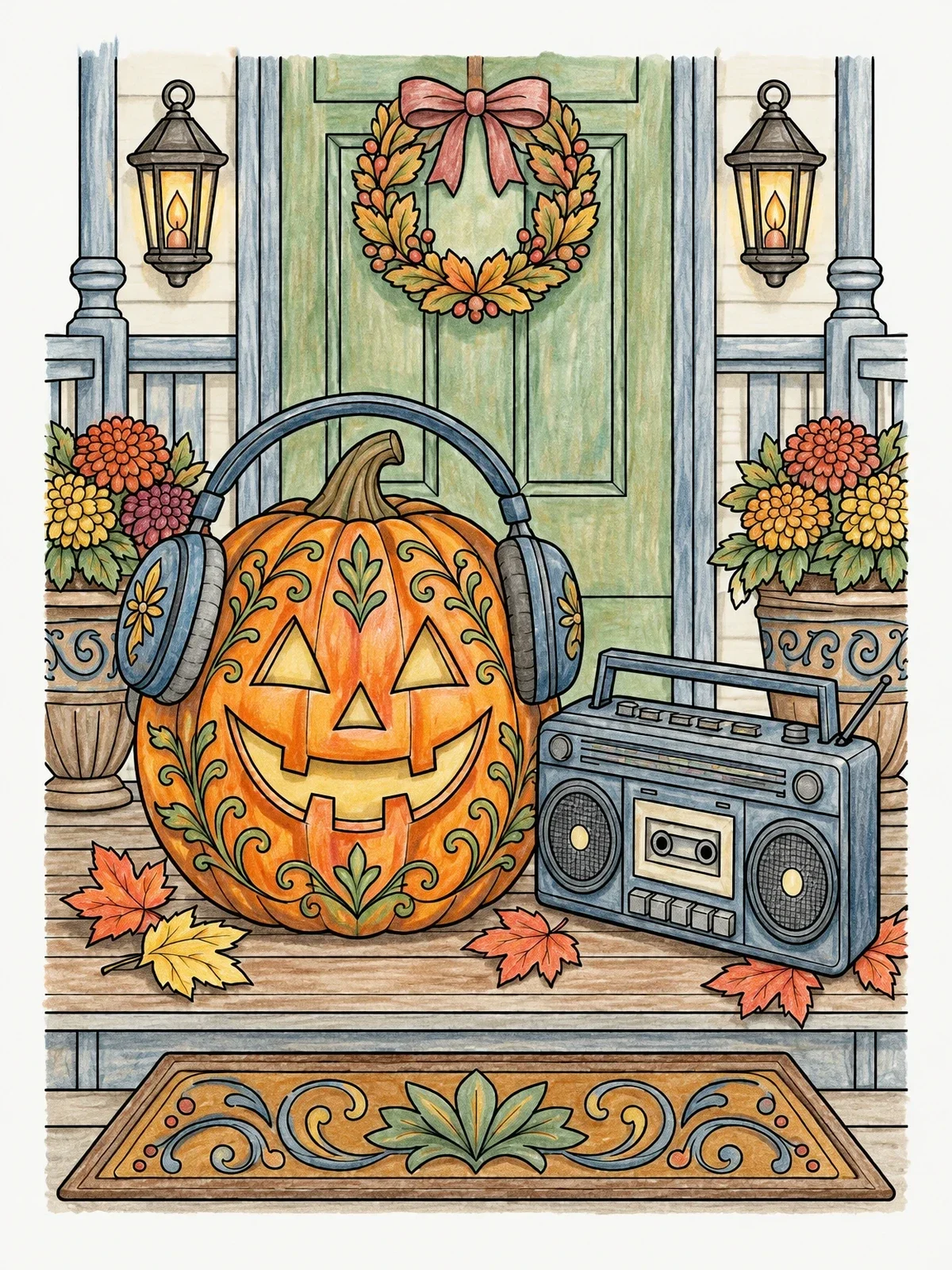 Colored example of the Jack O Lantern Listening To Boombox On Porch coloring page
