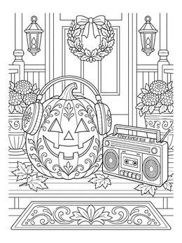 A carved pumpkin wearing headphones next to a boombox in this halloween music coloring page.