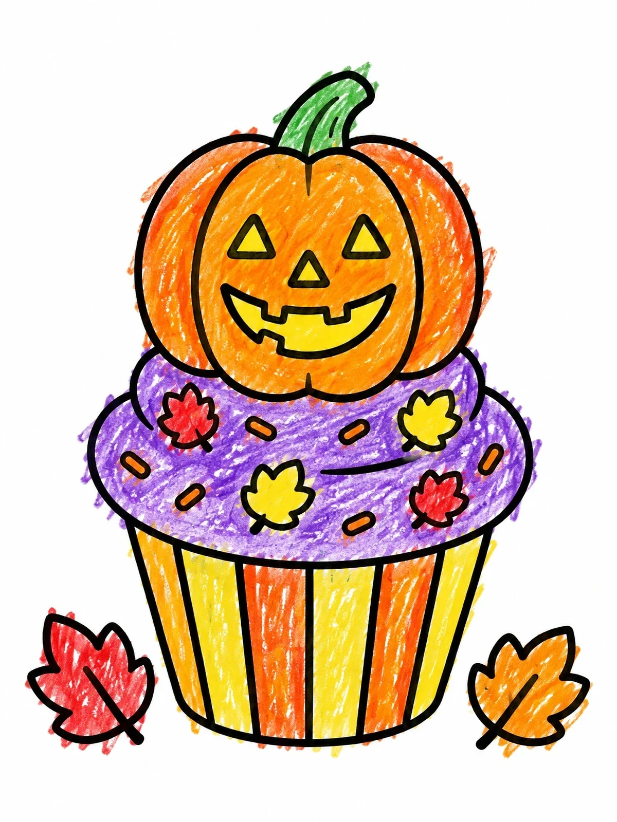 Colored example of the Jack O' Lantern Pumpkin Cupcake coloring page