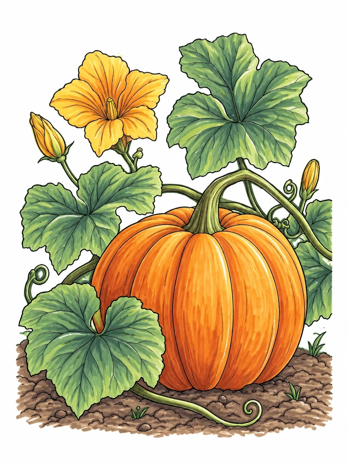 Colored example of the Pumpkin On The Vine In Garden coloring page