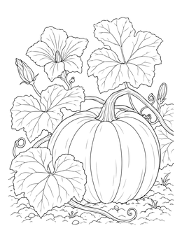 A detailed pumpkin coloring page featuring large leaves, flowers, and vines in a patch.