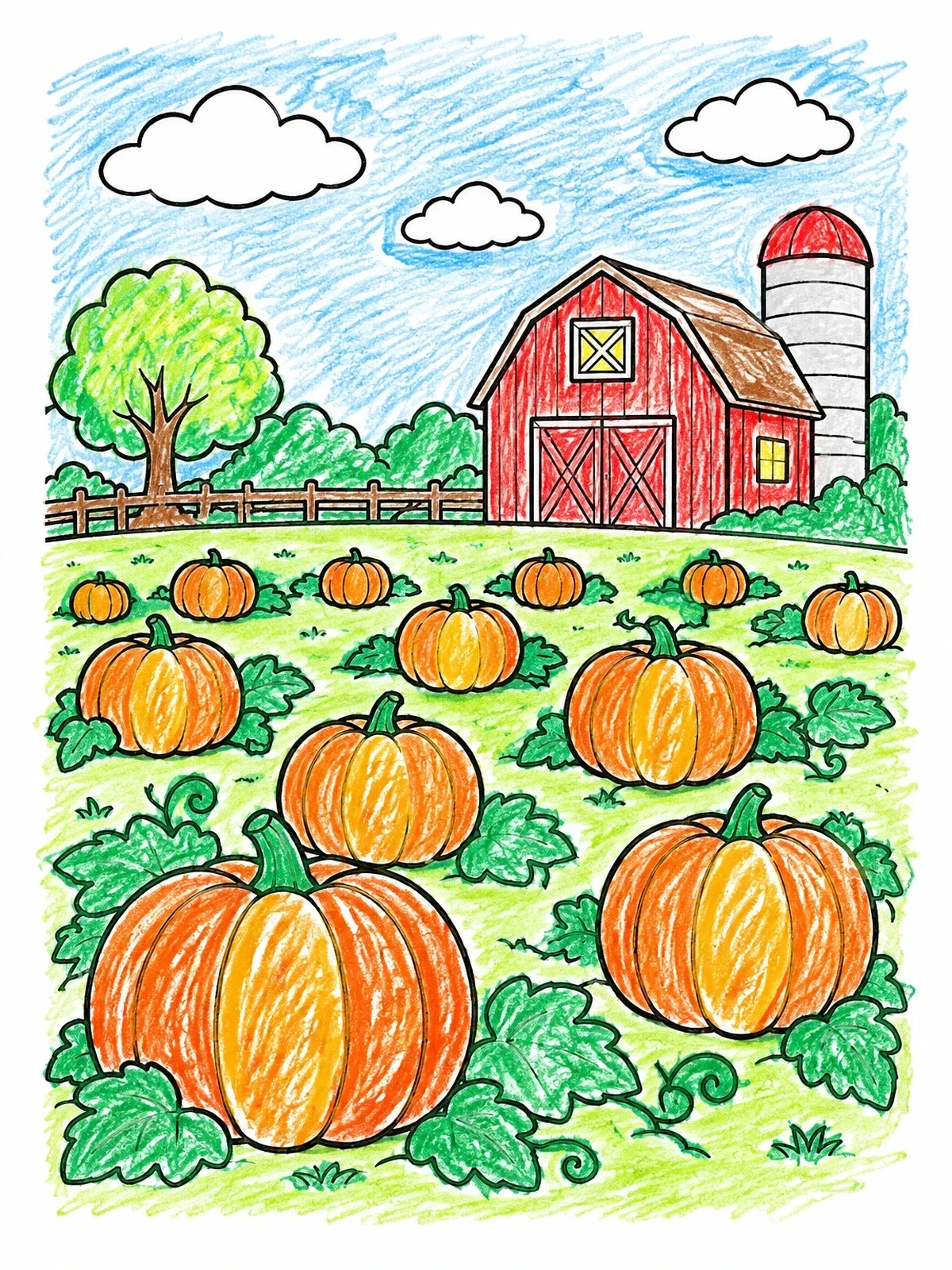 Colored example of the Pumpkin Patch With Barn And Silo coloring page