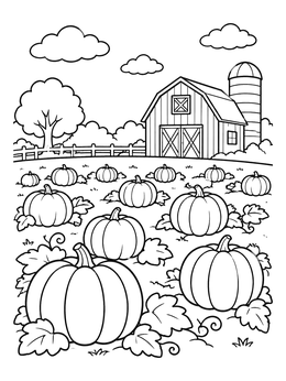 A wide pumpkin coloring page featuring pumpkins in a field before a rustic barn.
