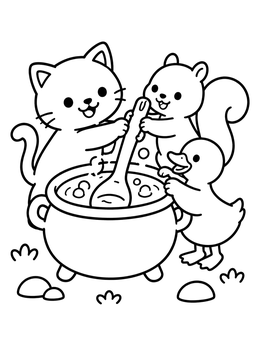 Free printable Animal Friends Cooking Soup Together coloring page