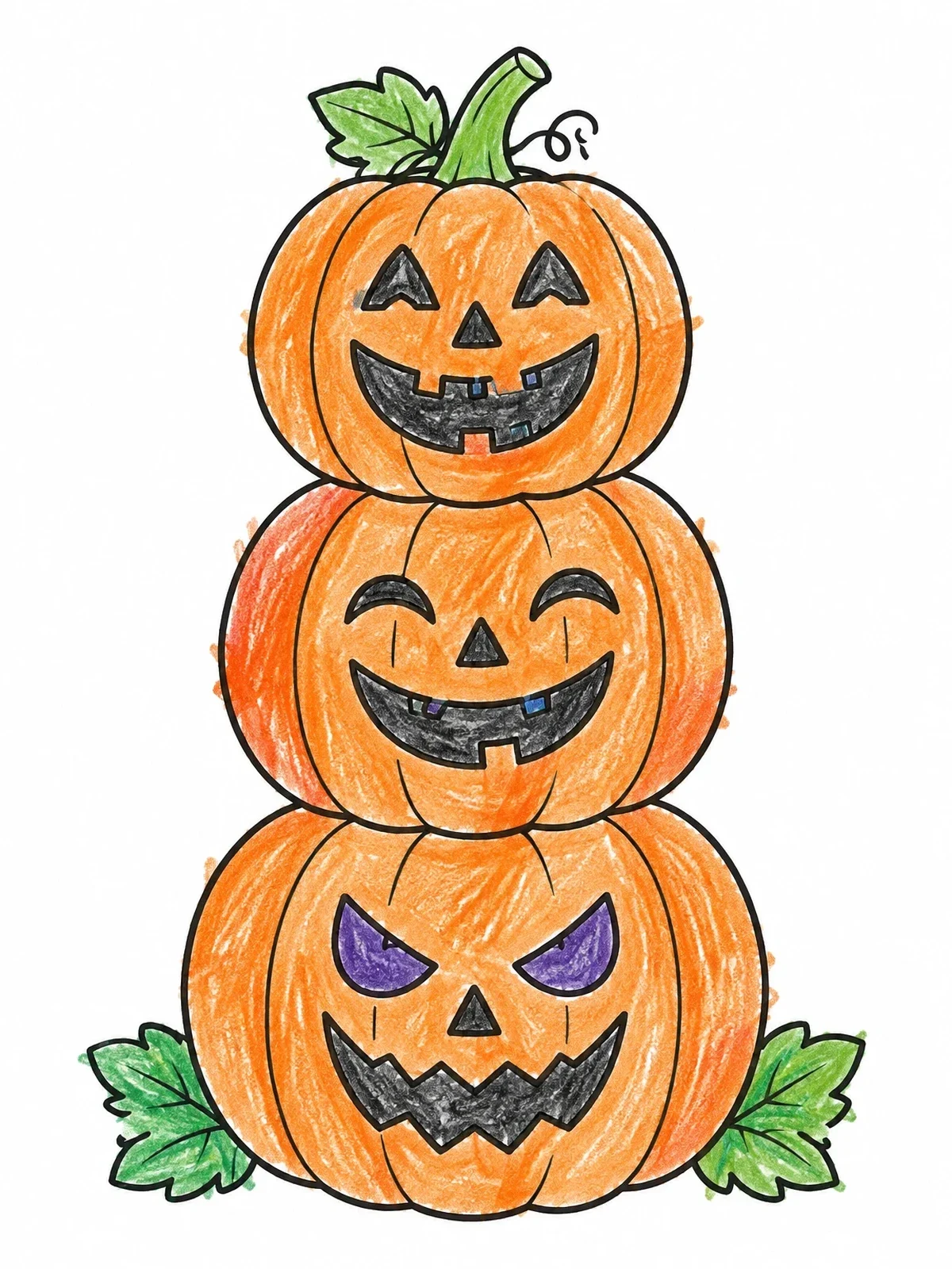 Colored example of the Stack Of Three Jack O' Lanterns coloring page