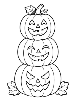 A pumpkin coloring page showing a tall stack of three carved jack-o'-lanterns with funny faces.