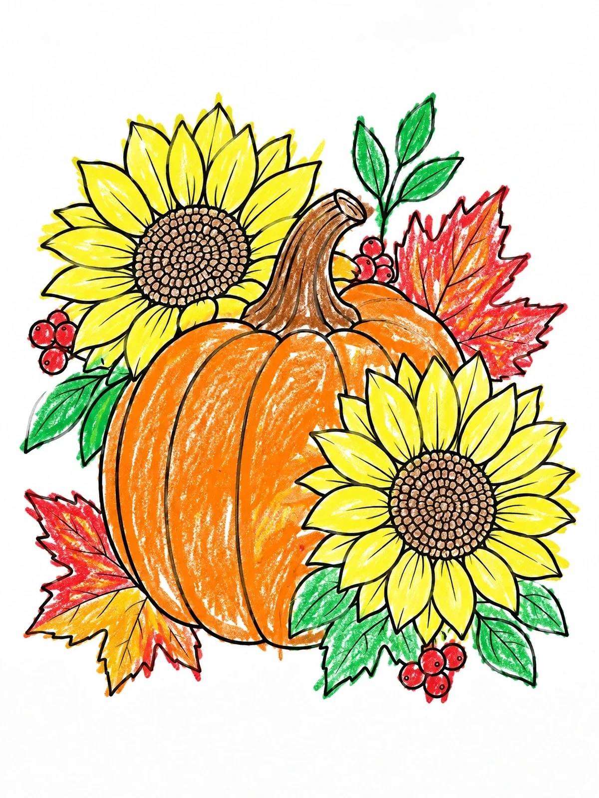 Colored example of the Pumpkin With Sunflowers And Autumn Leaves coloring page