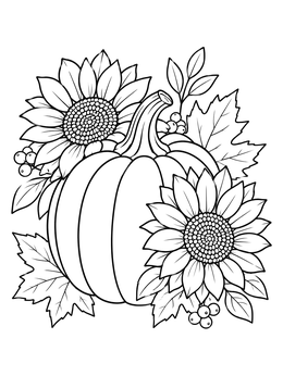 A detailed pumpkin coloring page surrounded by blooming sunflowers and fall foliage.