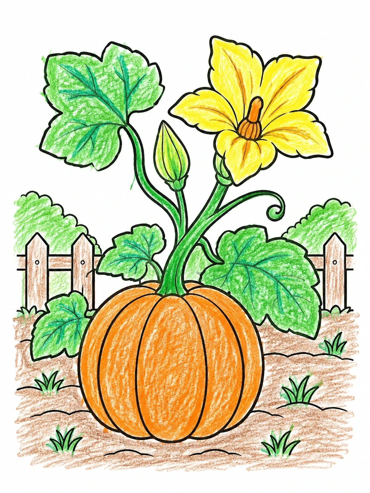Colored example of the Pumpkin With Blossom And Vine coloring page