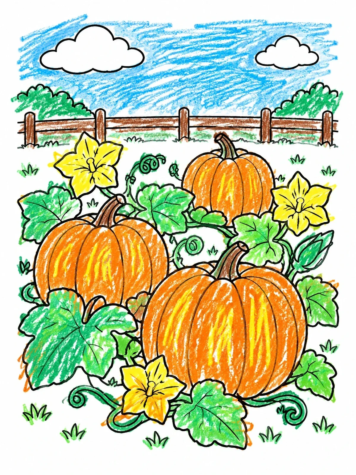 Colored example of the Pumpkins Growing On The Vine coloring page