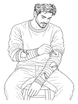 A young man fastening patches with pins in this punk coloring page.
