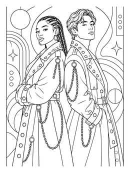 A stylish punk coloring page showing two fashion models back-to-back in chained trench coats.