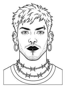 A detailed punk coloring page showing a portrait of a person with facial piercings and a barbed wire necklace.