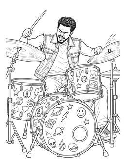 An energetic punk coloring page featuring a passionate drummer playing a stickered drum kit.