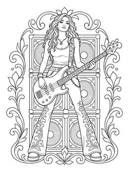 A female musician performs with her instrument in this punk coloring page.