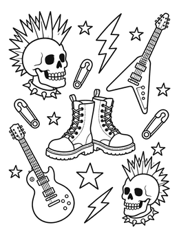 Free printable Punk Rock Symbols And Boots Pattern coloring page