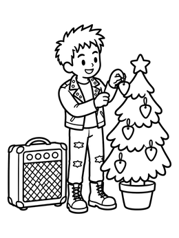 Free printable Punk Rocker Decorating Christmas Tree coloring page