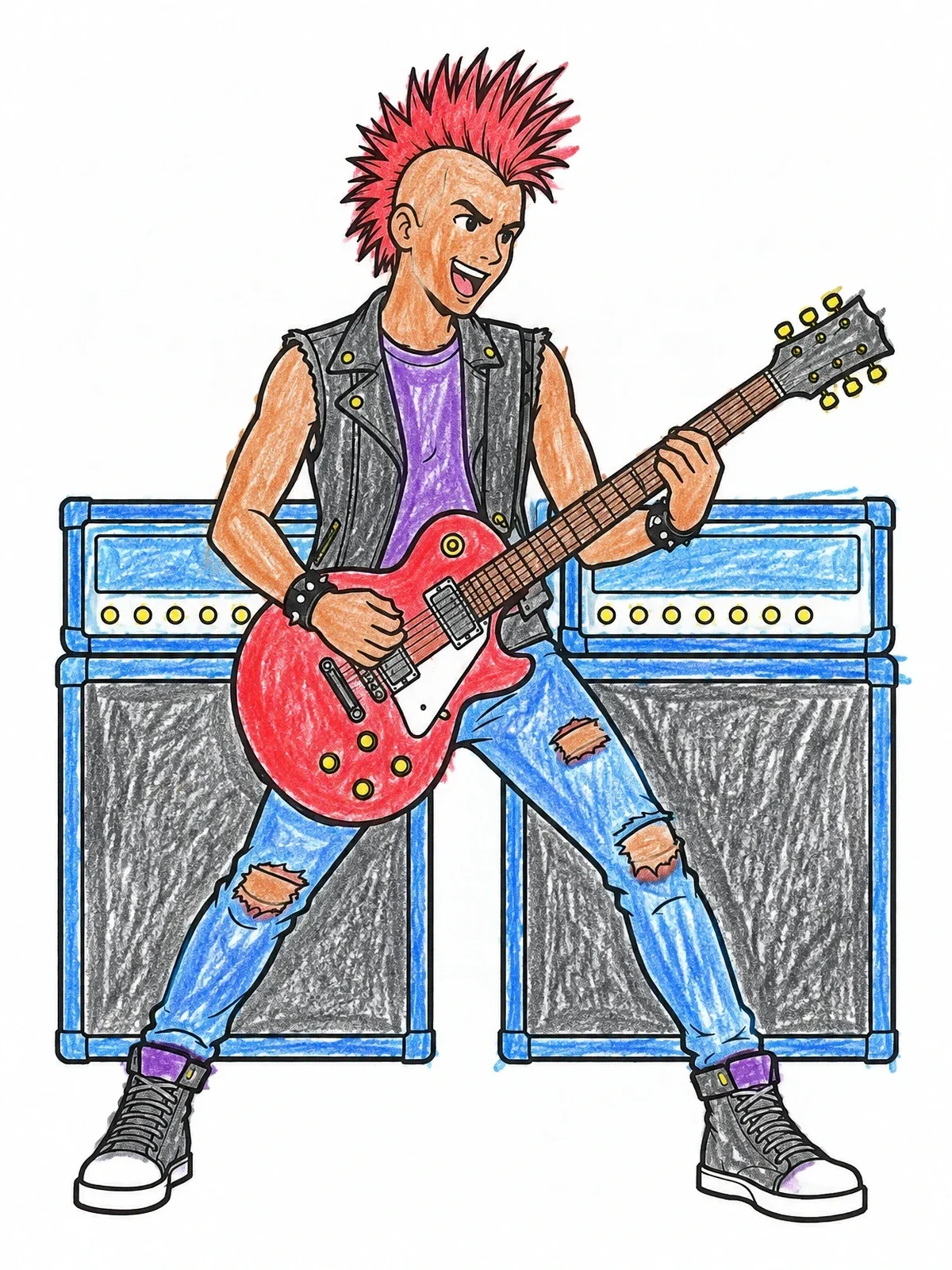 Colored example of the Punk Rocker With Electric Guitar coloring page