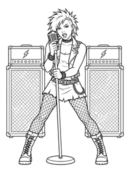 A rock singer with a mohawk performs on this punk coloring page with large stage speakers.